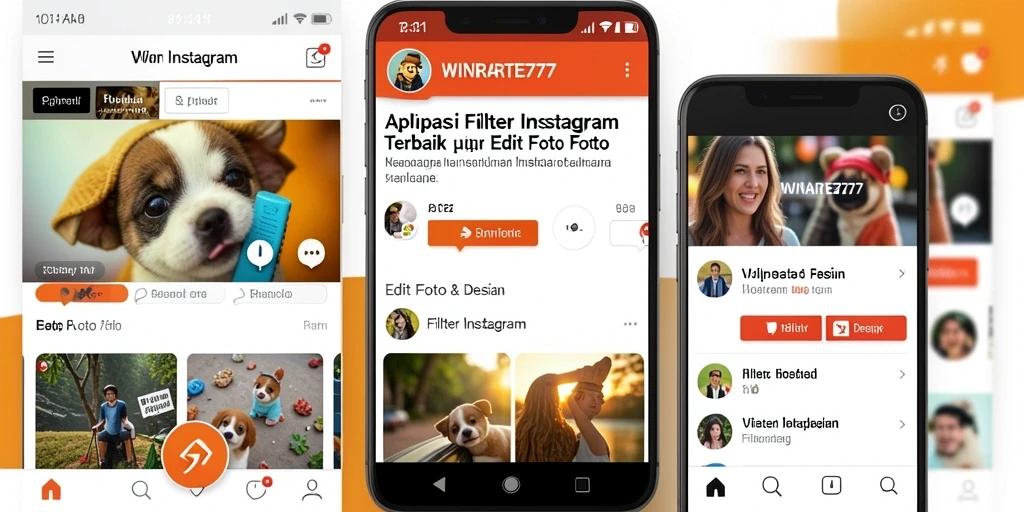 Antarmuka aplikasi WINRATE777 dengan berbagai pilihan filter Instagram.